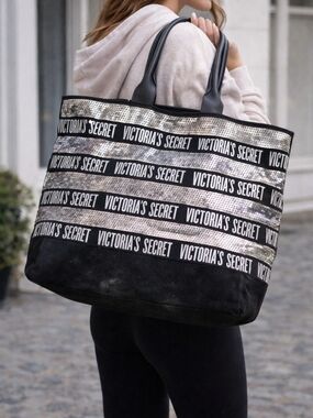 Victoria’s Secret Black Silver Sequin Logo Tote Bag Large Carryall Shoulder Hand